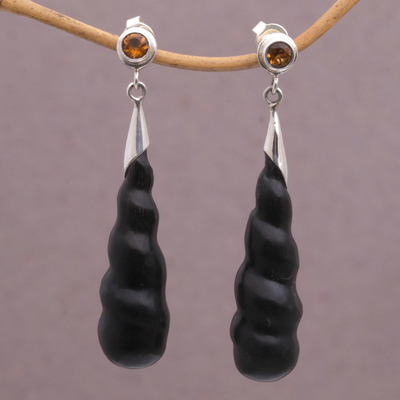 Wood and citrine dangle earrings, 'Midnight Cocoon' - Arang Wood and Citrine Dangle Earrings Hand-crafted in Bali
