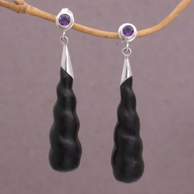 Wood and amethyst dangle earrings, 'Midnight Cocoon' - Hand Made Arang Wood and Amethyst Dangle Earrings from Bali