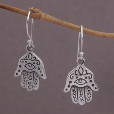 Sterling silver dangle earrings, 'Hamsa Eyes' - Sterling Silver Hamsa Dangle Earrings from Bali