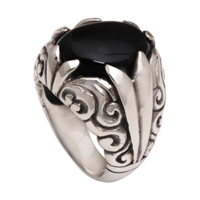 Onyx single stone ring, 'Soaring Hope' - Onyx and Sterling Silver Single Stone Ring from Bali