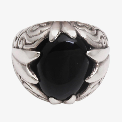 Onyx single stone ring, 'Soaring Hope' - Onyx and Sterling Silver Single Stone Ring from Bali