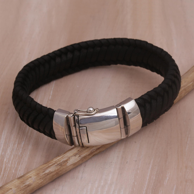 Leather wristband bracelet, 'Kintamani Weave in Black' - Braided Leather Wristband Bracelet in Black from Bali