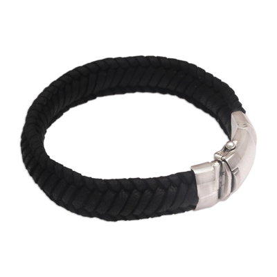 Leather wristband bracelet, 'Kintamani Weave in Black' - Braided Leather Wristband Bracelet in Black from Bali