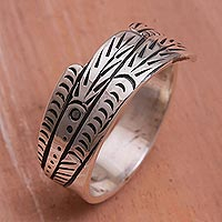 Sterling silver band ring, 'Peafowl Feather' - Sterling Silver Feather Motif Band Ring from Bali