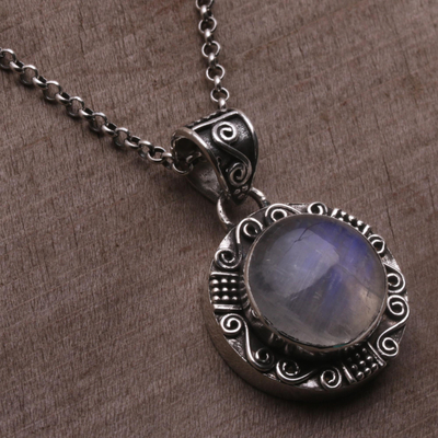 Rainbow moonstone pendant necklace, 'Temple Mirror' - Rainbow Moonstone and Sterling Silver Necklace from Bali