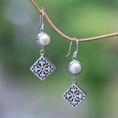 Cultured pearl dangle earrings, 'Square Dance' - Cultured Pearl and Sterling Silver Dangle Earrings from Bali