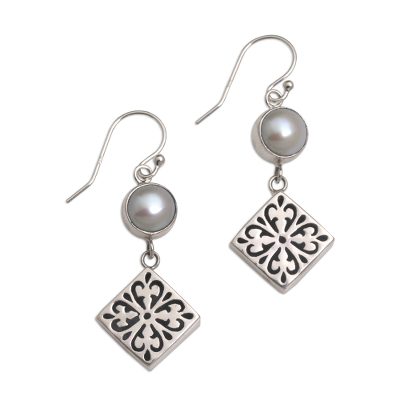 Cultured pearl dangle earrings, 'Square Dance' - Cultured Pearl and Sterling Silver Dangle Earrings from Bali