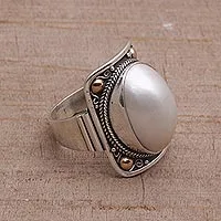 Gold accent cultured mabe pearl dome ring, 'Palace of Moonlight' - Gold Accent Cultured Mabe Pearl Dome Ring from Bali