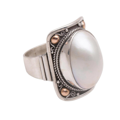 Gold accent cultured mabe pearl dome ring, 'Palace of Moonlight' - Gold Accent Cultured Mabe Pearl Dome Ring from Bali