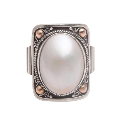 Gold accent cultured mabe pearl dome ring, 'Palace of Moonlight' - Gold Accent Cultured Mabe Pearl Dome Ring from Bali