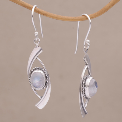Rainbow moonstone dangle earrings, 'The Beyond' - Artisan Crafted Rainbow Moonstone and 925 Silver Earrings
