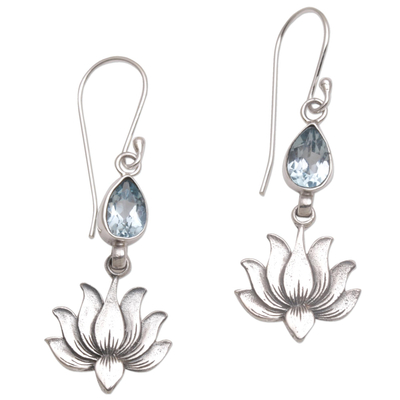 Blue topaz flower dangle earrings, 'Sacred Bloom' - 925 Silver Lotus Hook Earrings with Blue Topaz from Bali