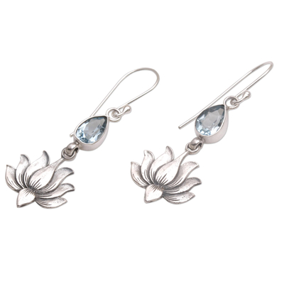 Blue topaz flower dangle earrings, 'Sacred Bloom' - 925 Silver Lotus Hook Earrings with Blue Topaz from Bali