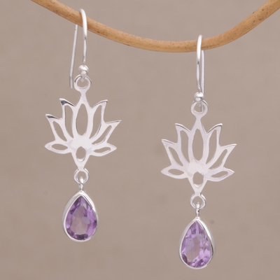 Amethyst flower dangle earrings, 'Lotus Dream' - 925 Sterling Silver Amethyst Lotus Flower Artisan Earrings