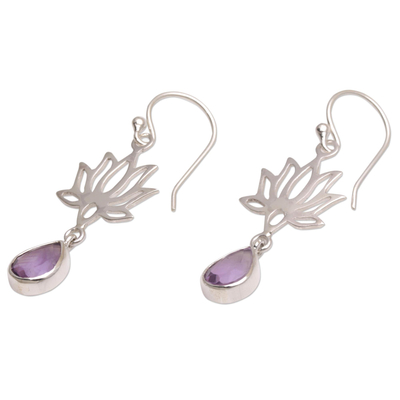 Amethyst flower dangle earrings, 'Lotus Dream' - 925 Sterling Silver Amethyst Lotus Flower Artisan Earrings
