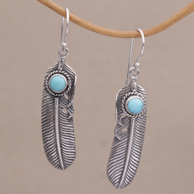 Turquoise dangle earrings, 'Turquoise Transcendence' - Turquoise and 925 Silver Feather Dangle Earrings from Bali