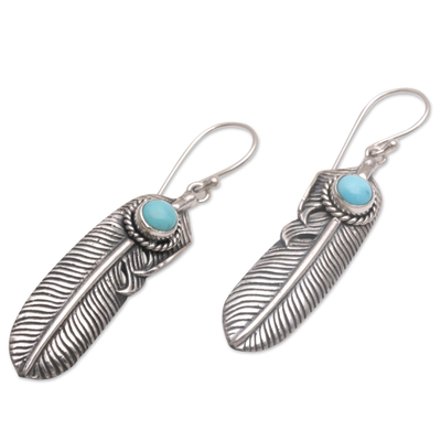 Turquoise dangle earrings, 'Turquoise Transcendence' - Turquoise and 925 Silver Feather Dangle Earrings from Bali