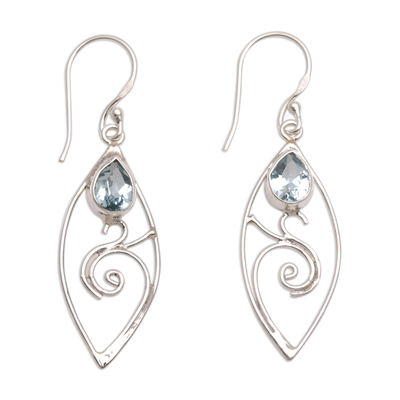 Blue Topaz and Sterling Silver Swirl Motif Dangle Earrings