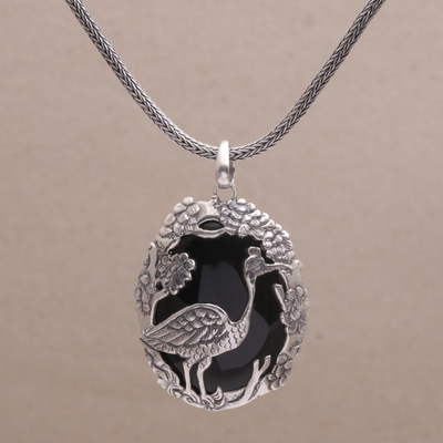 Halskette mit Onyx-Anhänger - Vogel-Halskette aus Onyx und Sterlingsilber aus Bali