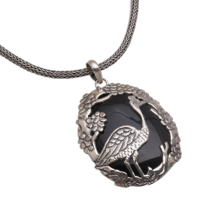 Halskette mit Onyx-Anhänger - Vogel-Halskette aus Onyx und Sterlingsilber aus Bali