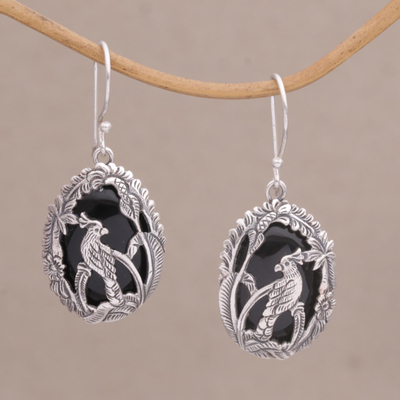 Onyx dangle earrings, 'Cockatoo Garden' - Onyx and Sterling Silver Cockatoo Dangle Earrings from Bali