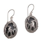Onyx dangle earrings, 'Cockatoo Garden' - Onyx and Sterling Silver Cockatoo Dangle Earrings from Bali