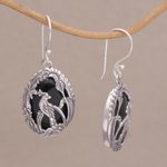Onyx dangle earrings, 'Cockatoo Garden' - Onyx and Sterling Silver Cockatoo Dangle Earrings from Bali