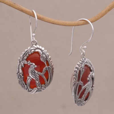 Carnelian dangle earrings, 'Cockatoo Garden' - Carnelian and 925 Silver Cockatoo Dangle Earrings from Bali
