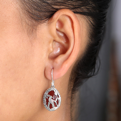 Carnelian dangle earrings, 'Cockatoo Garden' - Carnelian and 925 Silver Cockatoo Dangle Earrings from Bali