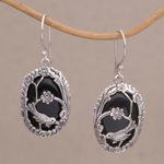 Onyx dangle earrings, 'Avian Curiosity' - Onyx and 925 Silver Bird-Themed Dangle Earrings from Bali