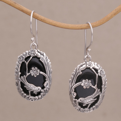 Pendientes colgantes de ónix - Pendientes colgantes de ónix y plata 925 con diseño de pájaro de Bali