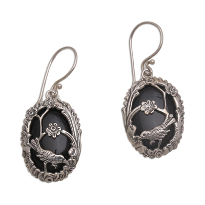 Fair Trade Onyx and Silver Bird Dangle Earrings from Bali