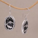 Onyx dangle earrings, 'Avian Curiosity' - Onyx and 925 Silver Bird-Themed Dangle Earrings from Bali