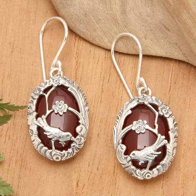 Carnelian dangle earrings, 'Avian Curiosity' - Carnelian and 925 Silver Bird Dangle Earrings from Bali