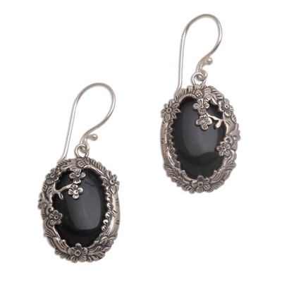 Onyx and Sterling Silver Floral Dangle Earrings from Bali