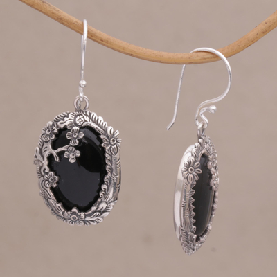 Onyx and Sterling Silver Floral Dangle Earrings from Bali - Dreamy ...