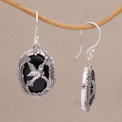 Onyx dangle earrings, 'Nature's Freedom' - Onyx and 925 Silver Bird-Themed Dangle Earrings from Bali
