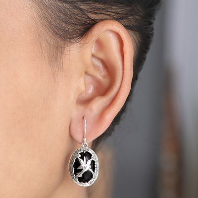 Onyx dangle earrings, 'Nature's Freedom' - Onyx and 925 Silver Bird-Themed Dangle Earrings from Bali