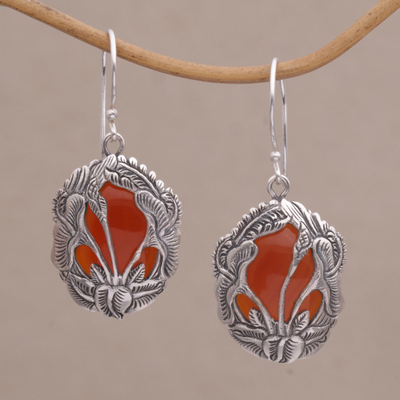 Carnelian dangle earrings, 'Floral Plains' - Carnelian and 925 Silver Floral Dangle Earrings from Bali