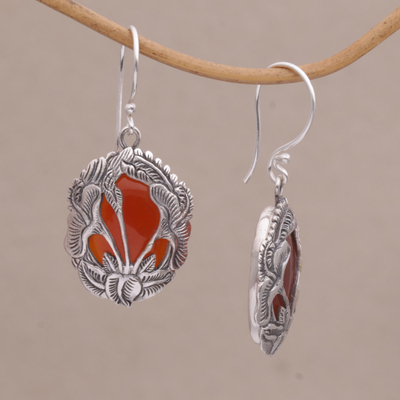 Carnelian dangle earrings, 'Floral Plains' - Carnelian and 925 Silver Floral Dangle Earrings from Bali