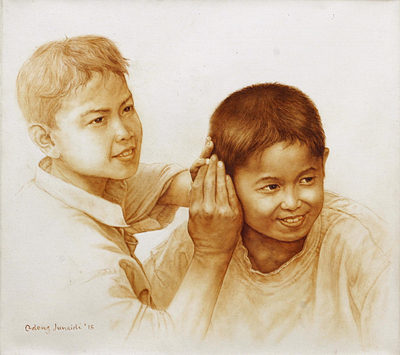 Original Oil Portrait of Two Mischievous Boys from Bali