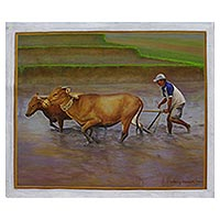 'There are Still Rice Paddies in Bali' (2007) - Original Painting of a Traditional Balinese Rice Farmer