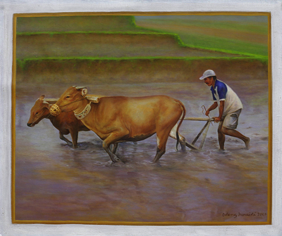 Original Painting of a Traditional Balinese Rice Farmer
