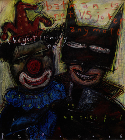 'Batman is not VS Joker Any More' - Signed Batman and Joker Modern Painting from Bali