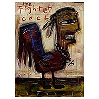 'The Fighter Cock' - Signed Modern Painting of a Rooster Man from Bali
