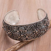 Sterling silver cuff bracelet, 'Temple Blossoms' - Handcrafted Sterling Silver Cuff Bracelet with Floral Motifs