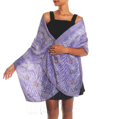Batik silk shawl, 'Forest Waves in Iris' - Artisan Crafted Batik Floral Silk Shawl in Iris from Bali