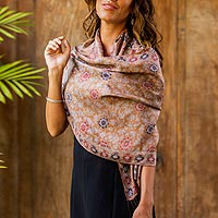 Silk batik shawl, 'Truntum Forest in Spice' - Batik Silk Shawl with Spice Floral Motifs from Bali