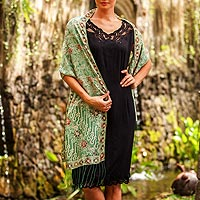 Batik silk shawl, 'Forest Waves in Moss Green' - Batik Silk Shawl with Moss Green Floral Motifs from Bali