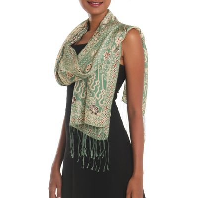 Batik silk shawl, 'Forest Waves in Moss Green' - Batik Silk Shawl with Moss Green Floral Motifs from Bali